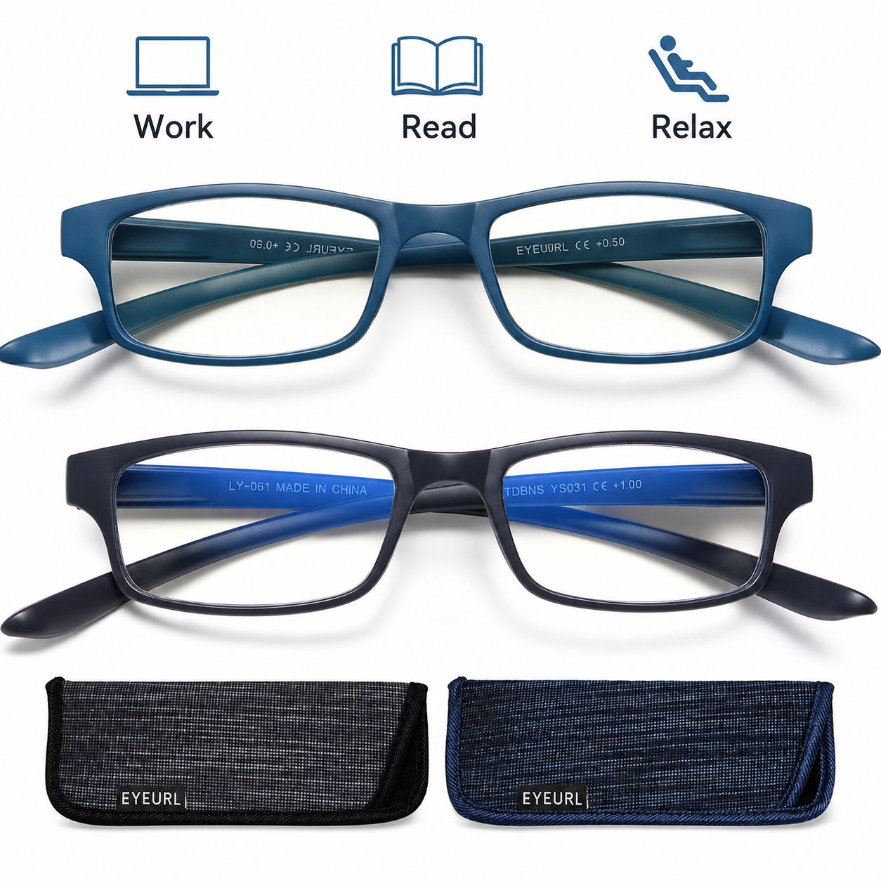 EYEURL Blue Light Blocking Neck Hanging Reading Glasses – 2 Pack Computer Readers for Women and Men with Spring Hinges, Practical Anti-Glare Eyewear