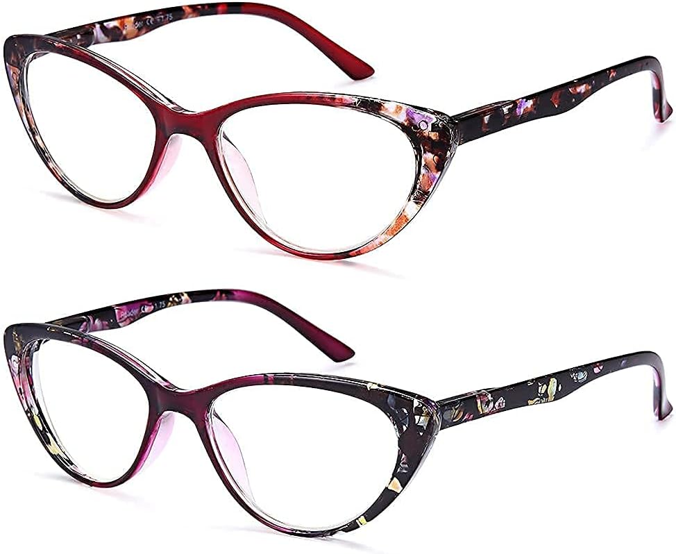 EYEURL Cat Eye Reading Glasses for Women - 2 Pack Blue Light Blocking Readers +1.75, Fashion Ladies Computer Eyeglasses with Spring Hinges