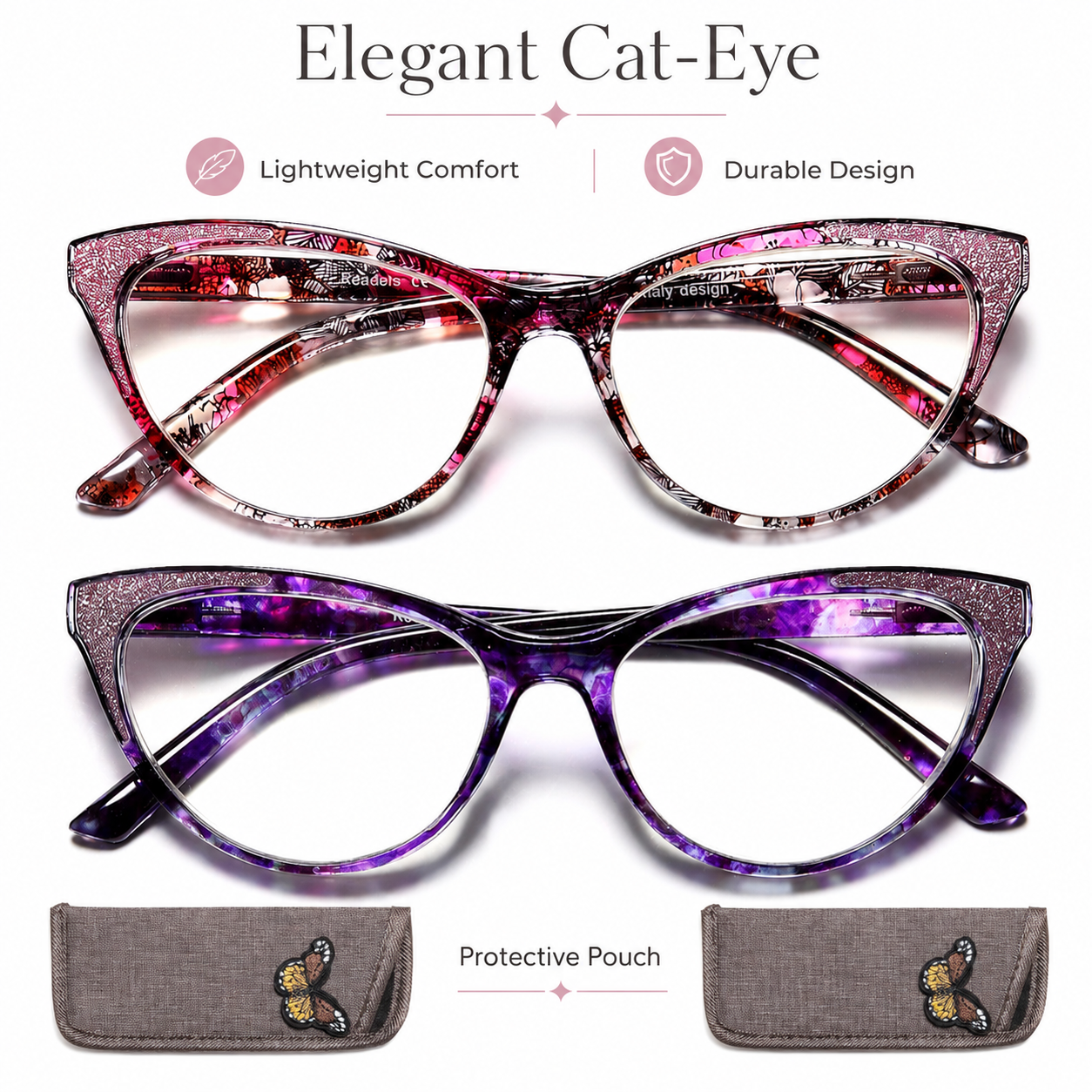 Cat Eye Reading Glasses for Women, Eyeglasses, Blue Light Readers for Women, Computer Eye Glasses, Cheaters, Stylish Glitter Frame for All Face Shapes