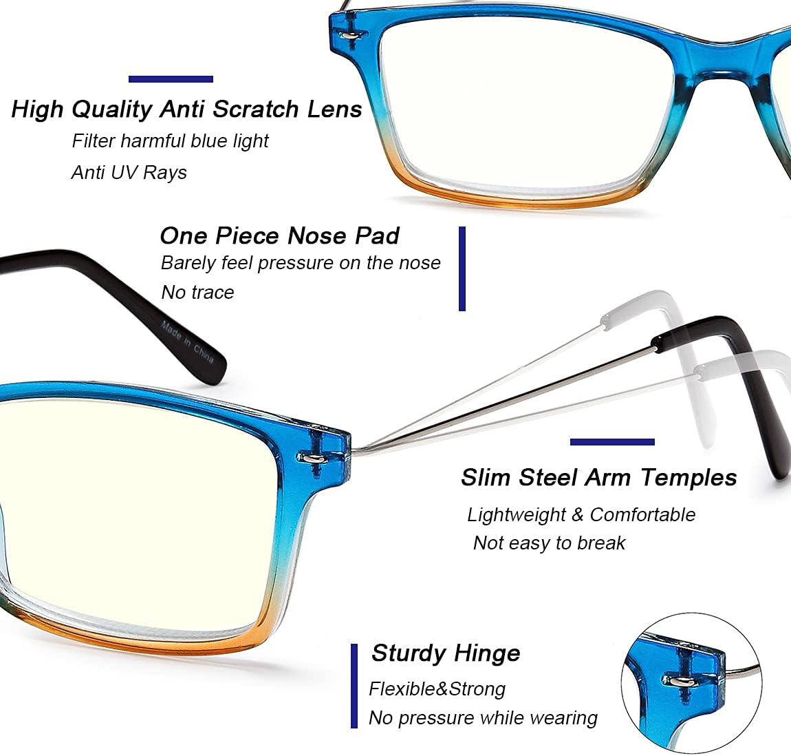 EYEURL Blue Light Blocking Reading Glasses Set of 2 Computer Readers Men and Women Lightweight Trendy Frame Choose Your Magnification +1.5