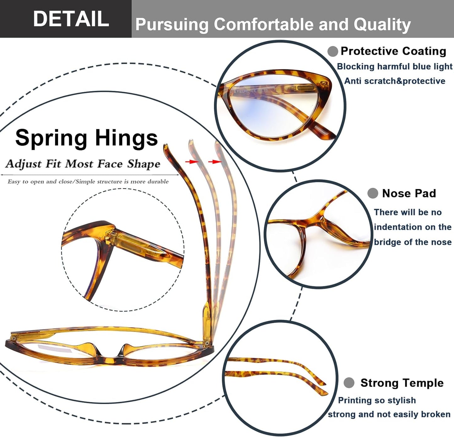 EYEURL 4-Pack Cat Eye Reading Glasses for Women - Blue Light Blocking, Anti-Glare, Fashionable Computer Readers, 2.5 Magnification