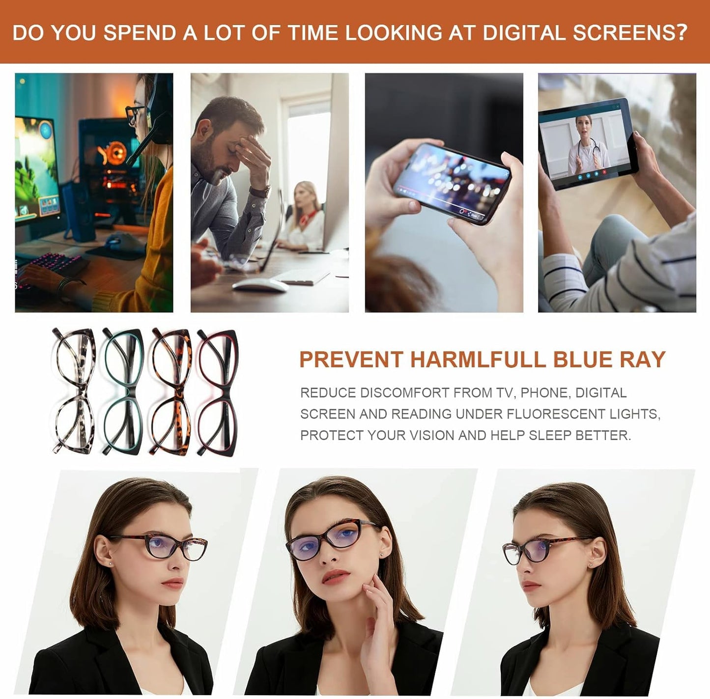 EYEURL Cat Eye Reading Glasses for Women – 4 Pack Blue Light Blocking Fashion Readers, Lightweight Spring Hinge Anti-UV Eyeglasses for Daily Use