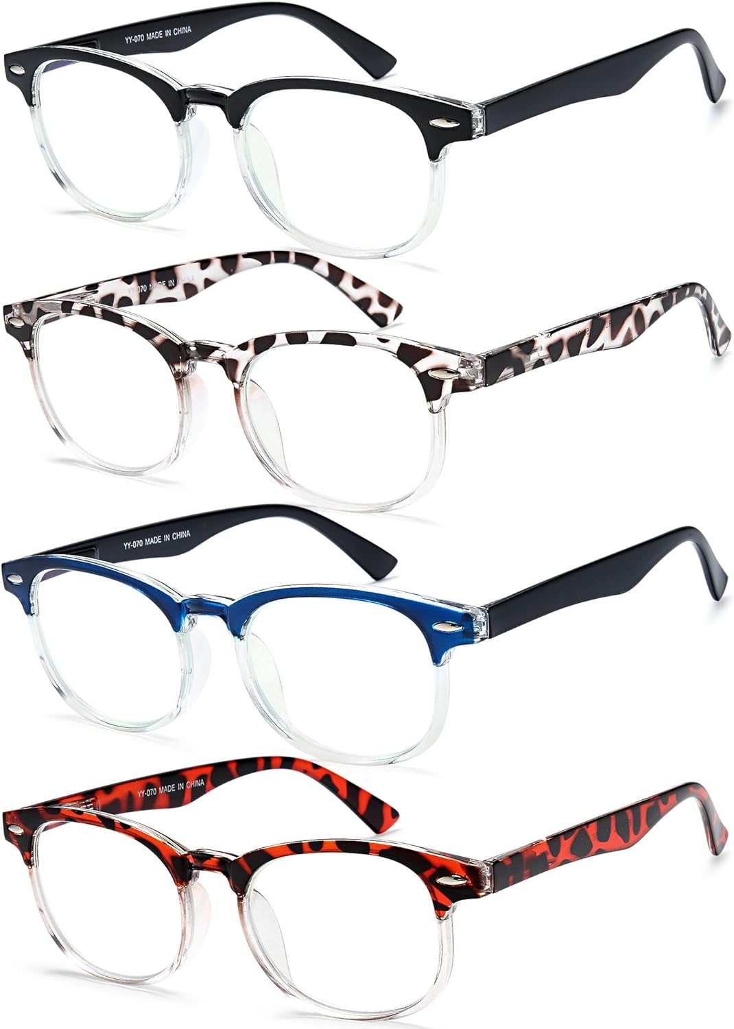 EYEURL 4 Pack Round Reading Glasses for Women and Men Blue Light Blocking Readers, Plastic Computer Glasses with Spring Hinges, 2.50 Eyeglasses Anti Glare&UV Rays, Black/Tortoise/Blue/Red Tortoise