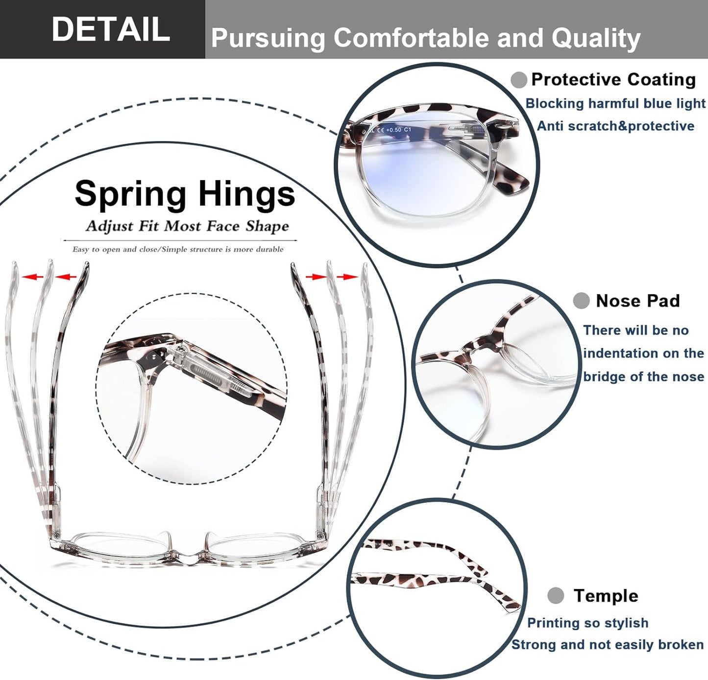 EYEURL 4 Pack Round Reading Glasses for Women and Men Blue Light Blocking Readers, Plastic Computer Glasses with Spring Hinges, 2.50 Eyeglasses Anti Glare&UV Rays, Black/Tortoise/Blue/Red Tortoise