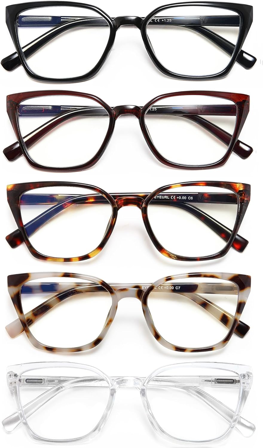 EYEURL Readers for Women - 5 Pack Blue Light Blocking Reading Glasses Ladies +0.00 Fashion Square Frames Magnification with Spring Hinge