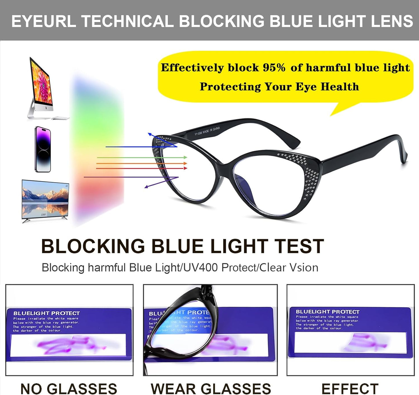 EYEURL 4 Pack Cat Eye Reading Glasses for Women Blue Light Blocking Readers with Spring Hinges, Plastic Computer Glasses, Rhinestone Coating, Anti Scratch Lens, 1.75, Black/Blue/Clear/Brown