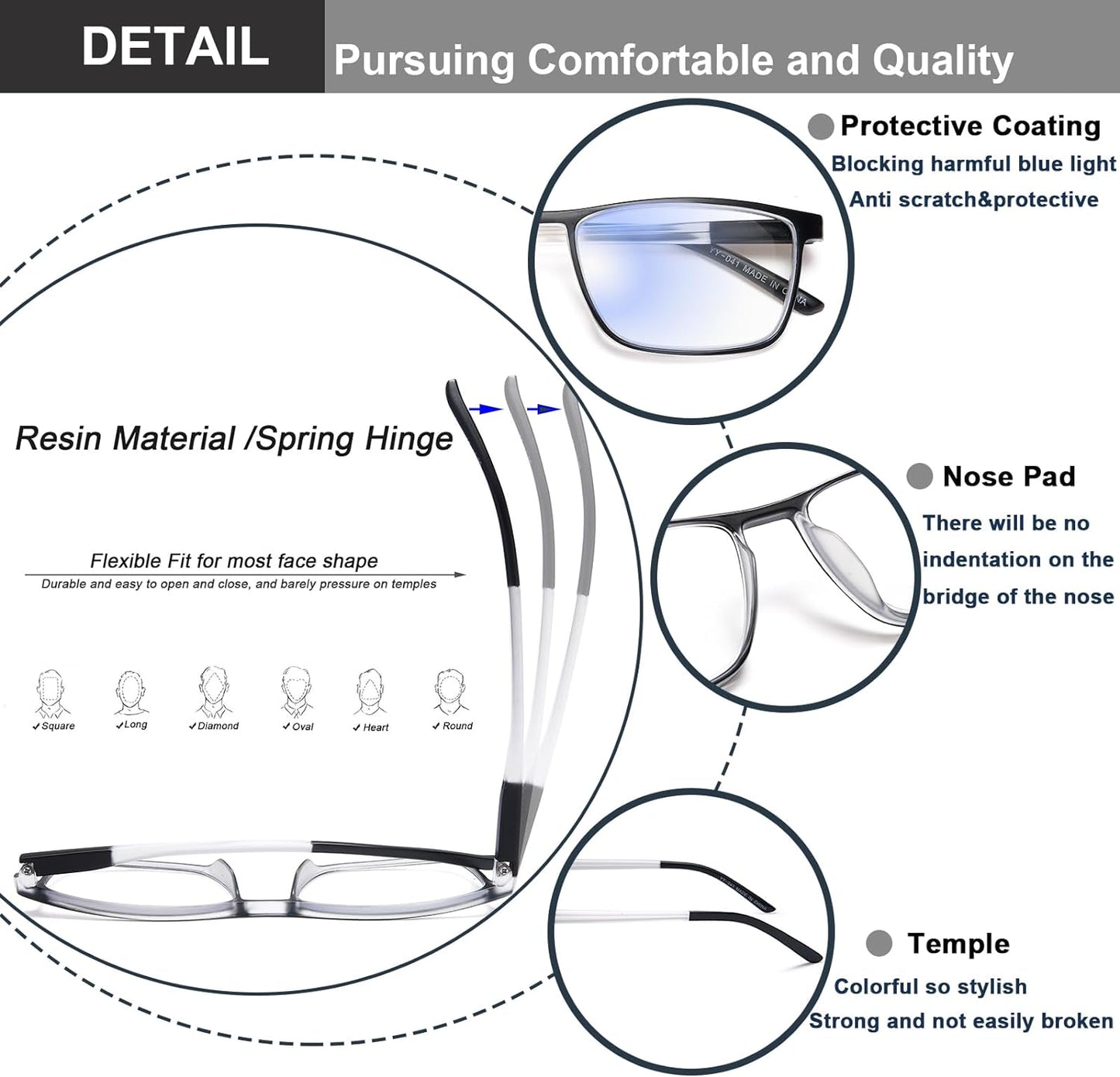 EYEURL 4 Pack Reading Glasses for Men and Women - Blue Light Blocking Readers with Spring Hinges+1.75