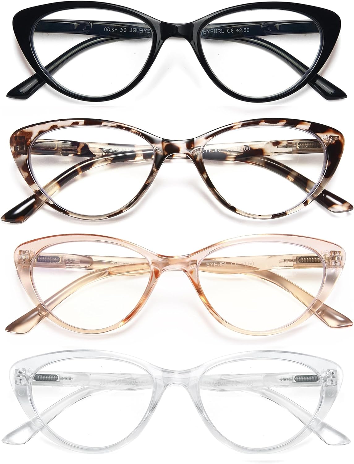 EYEURL 4-Pack Cat Eye Reading Glasses for Women - Blue Light Blocking, Anti-Glare, Fashionable Computer Readers, 2.5 Magnification