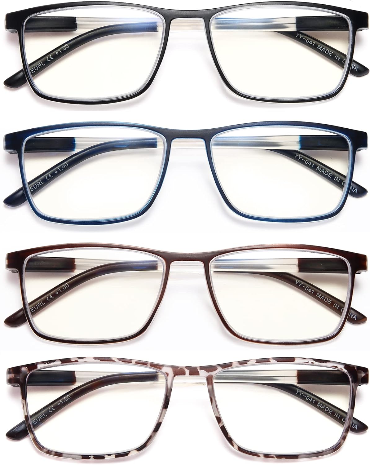 EYEURL 4 Pack Reading Glasses for Men and Women - Blue Light Blocking Readers with Spring Hinges+1.75