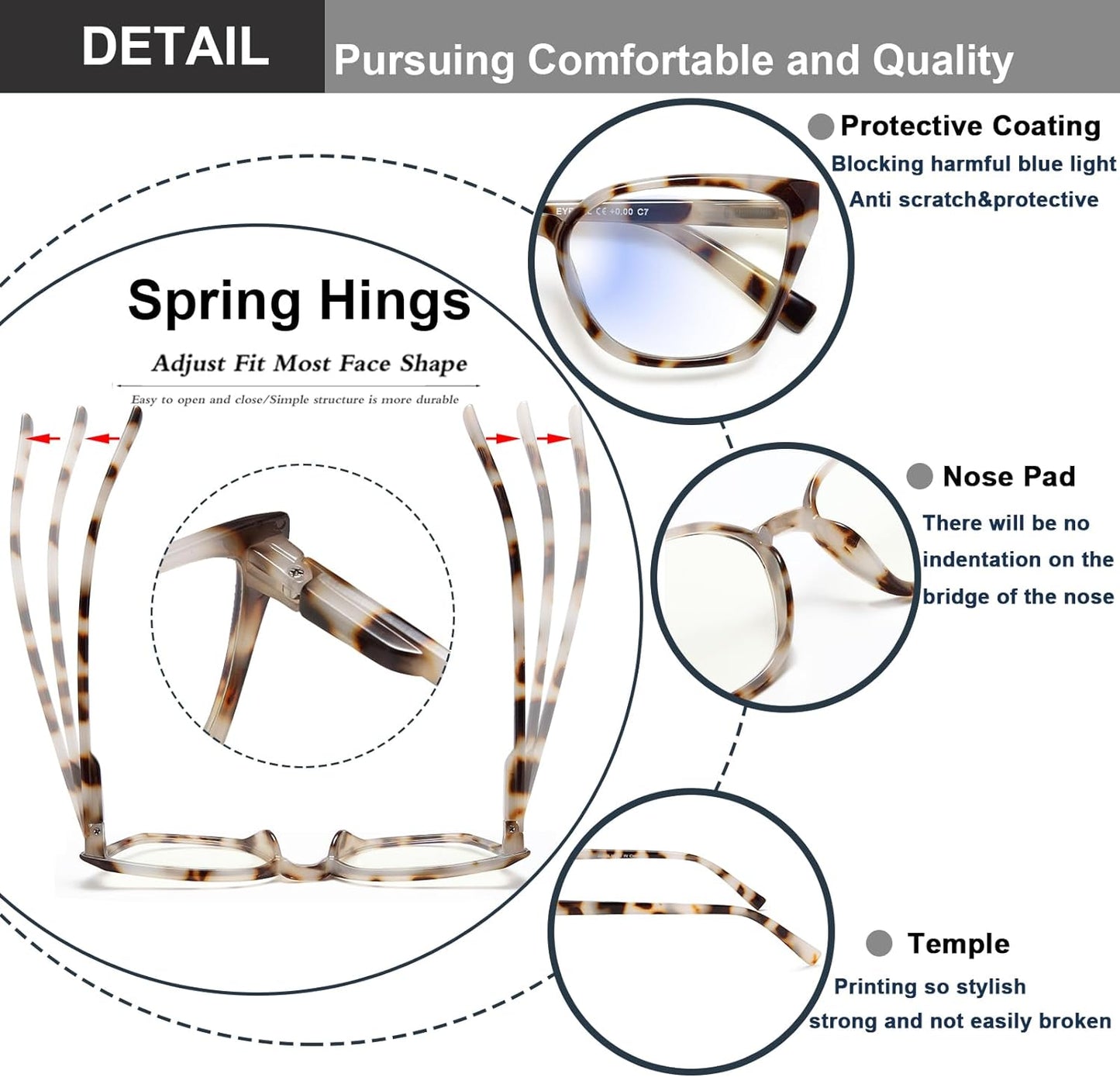 EYEURL Readers for Women - 5 Pack Blue Light Blocking Reading Glasses Ladies +0.00 Fashion Square Frames Magnification with Spring Hinge
