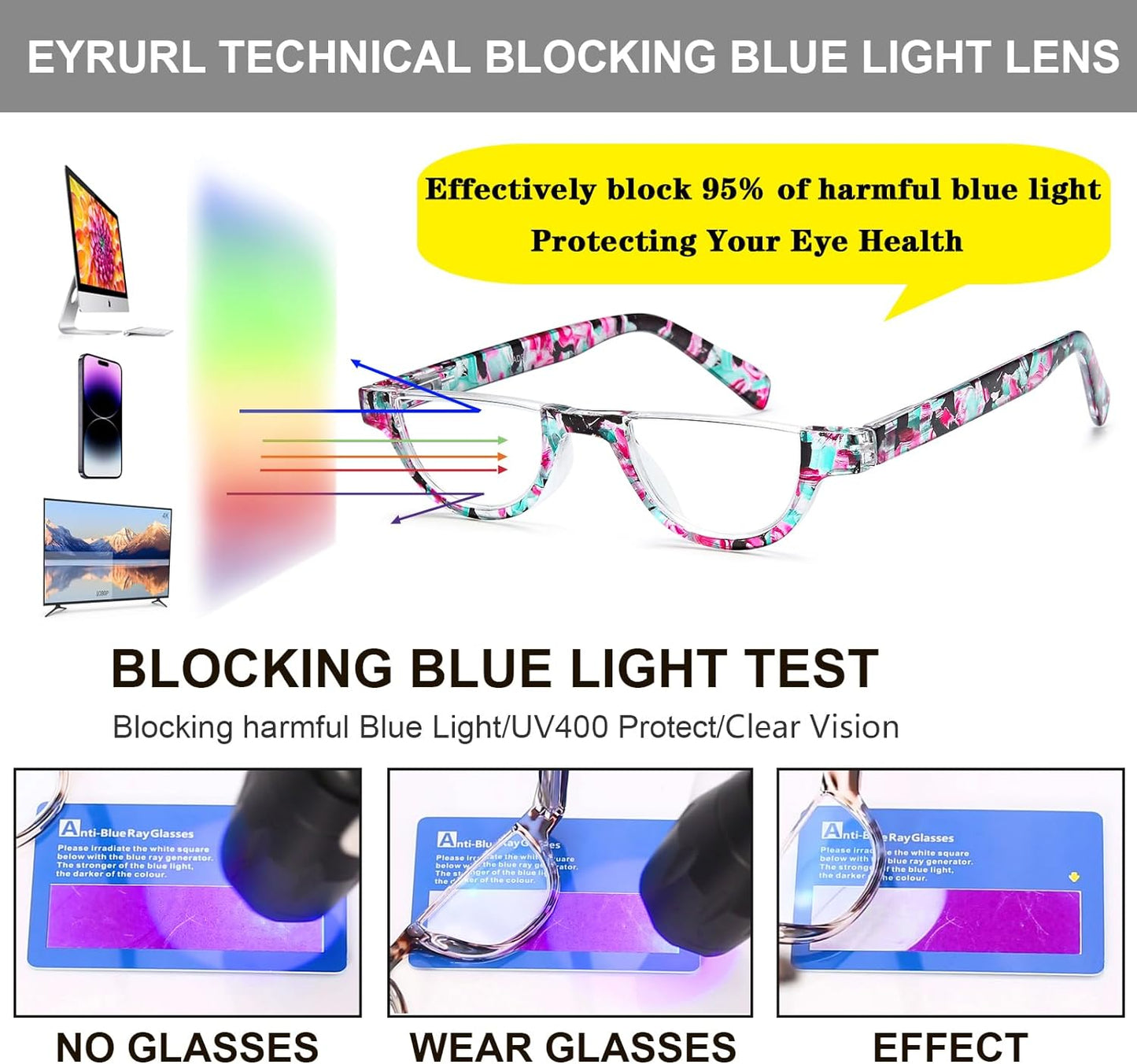 EYEURL Half Frame Reading Glasses women-4 Pack Blue Light Blocking Glasses Fashion Rimless Computer Readers for women/men