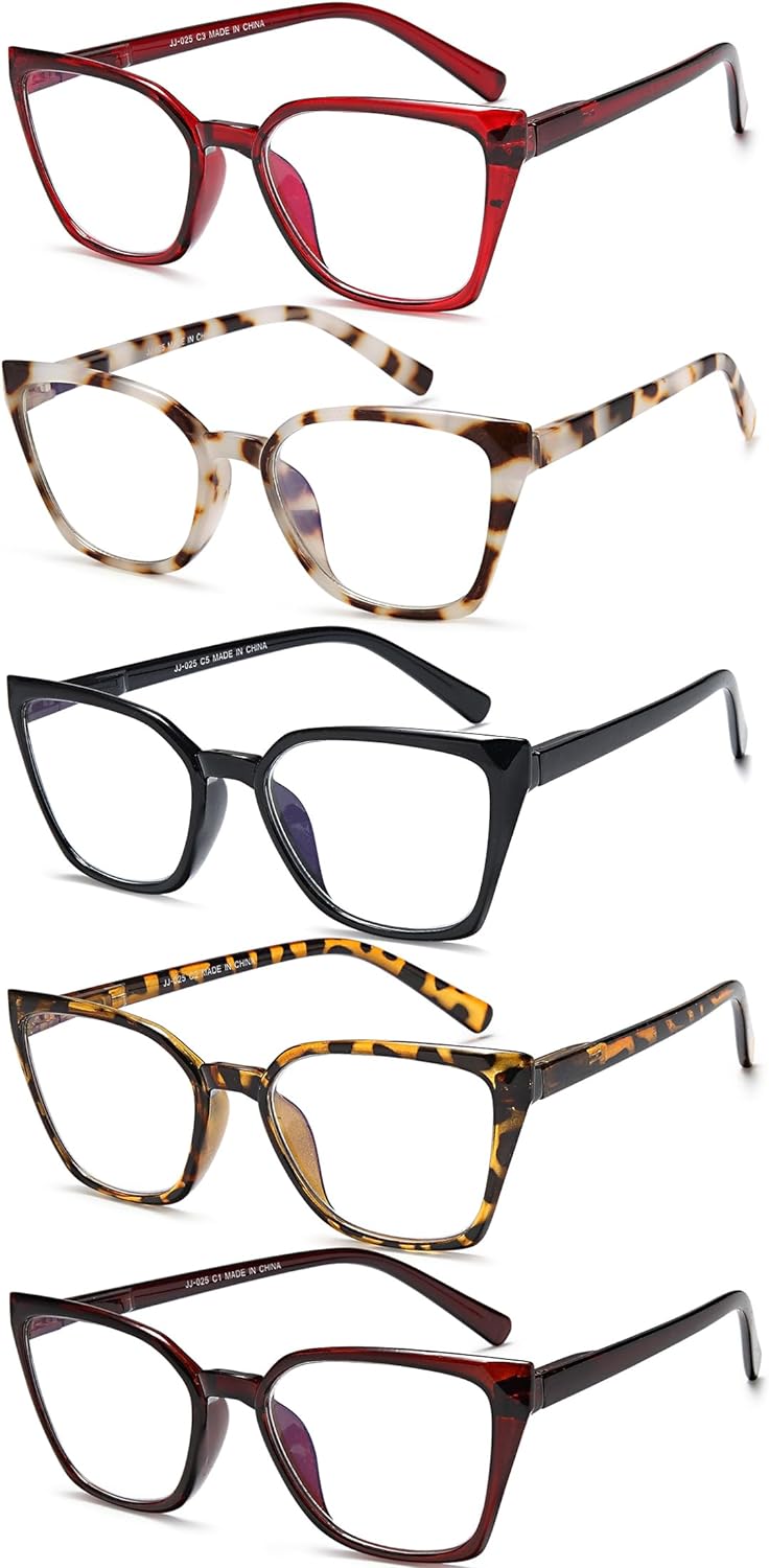 EYEURL Readers for Women - 5 Pack Blue Light Blocking Reading Glasses Ladies +0.00 Fashion Square Frames Magnification with Spring Hinge
