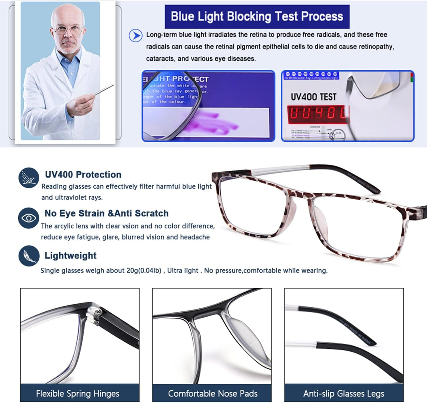 EYEURL 4 Pack Reading Glasses for Men and Women - Blue Light Blocking Readers with Spring Hinges - Anti Glare/UV Rays