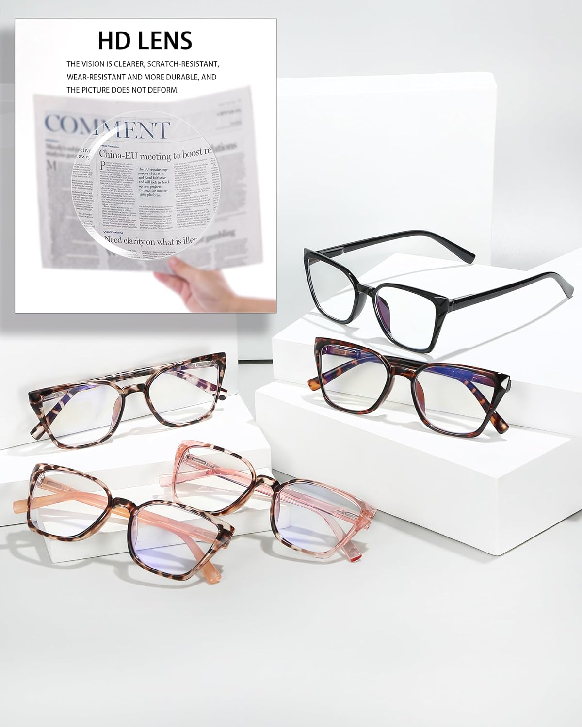 EYEURL 5-Pack Cat Eye Reading Glasses for Women – Fashionable Blue Light Blocking Reading Glasses with Square Frames, Spring Hinges & Magnification