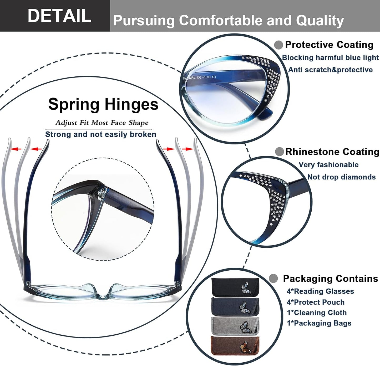 EYEURL 4 Pack Cat Eye Reading Glasses for Women Blue Light Blocking Readers with Spring Hinges, Plastic Computer Glasses, Rhinestone Coating, Anti Scratch Lens, 1.75, Black/Blue/Clear/Brown