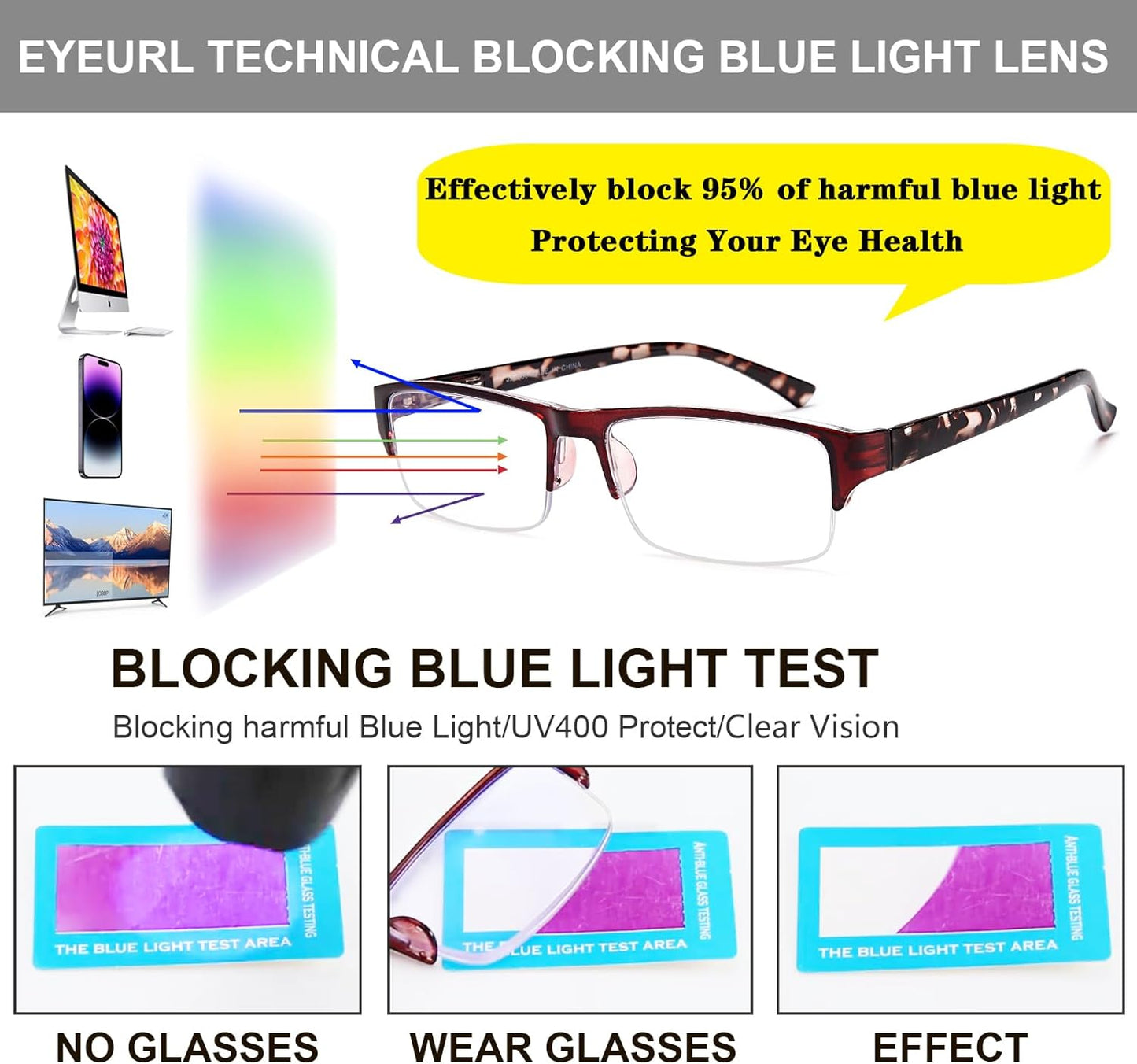 EYEURL 4-Pack Half Frame Reading Glasses for Women Blue Light Blocking Computer Readers for Men Lightweight Rectangle Semi Rimless Computer Glare/UV Half Frame Spring Hinge Eyeglasses,1.5