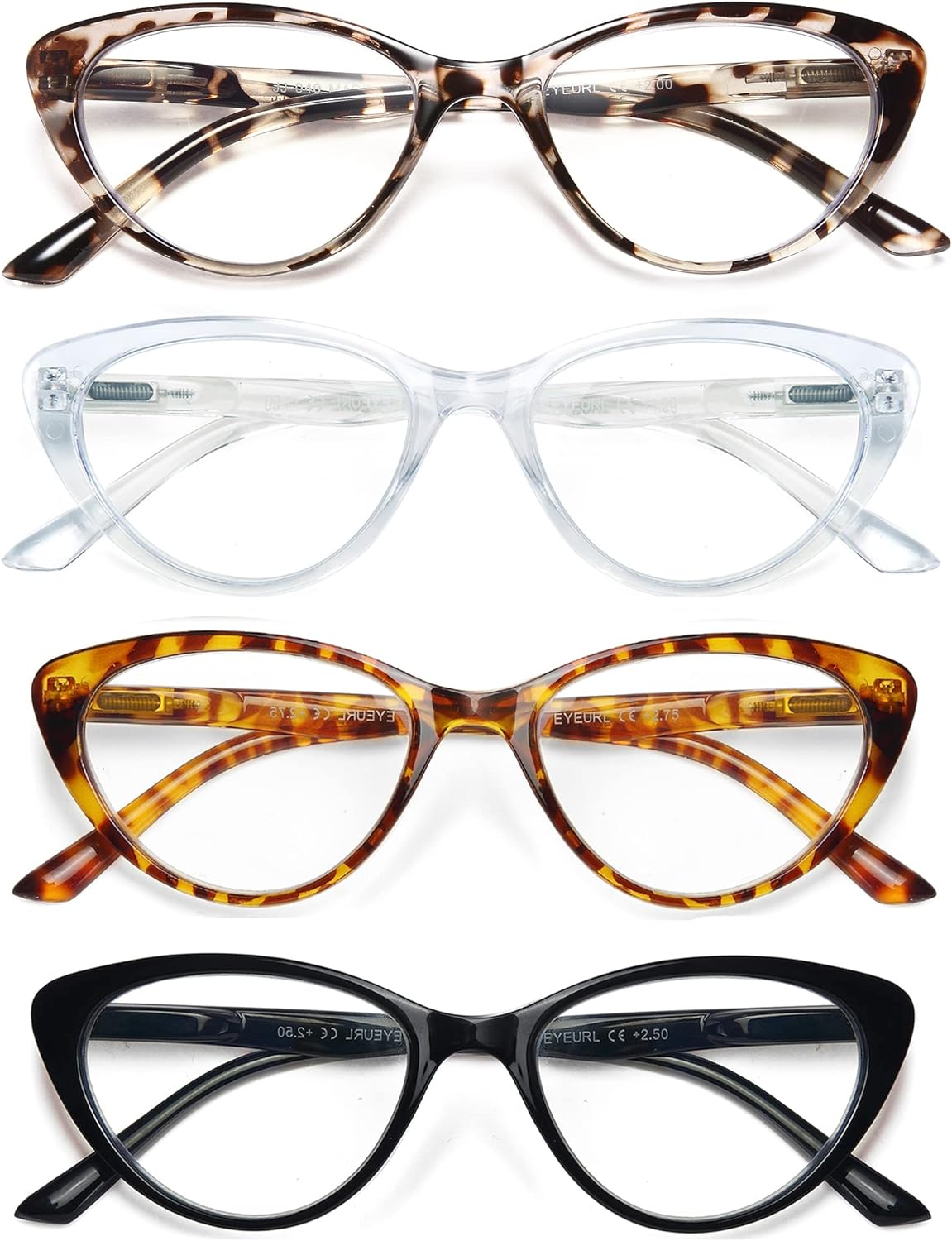 EYEURL 4-Pack Cat Eye Reading Glasses for Women - Blue Light Blocking, Anti-Glare, Fashionable Computer Readers, 2.5 Magnification