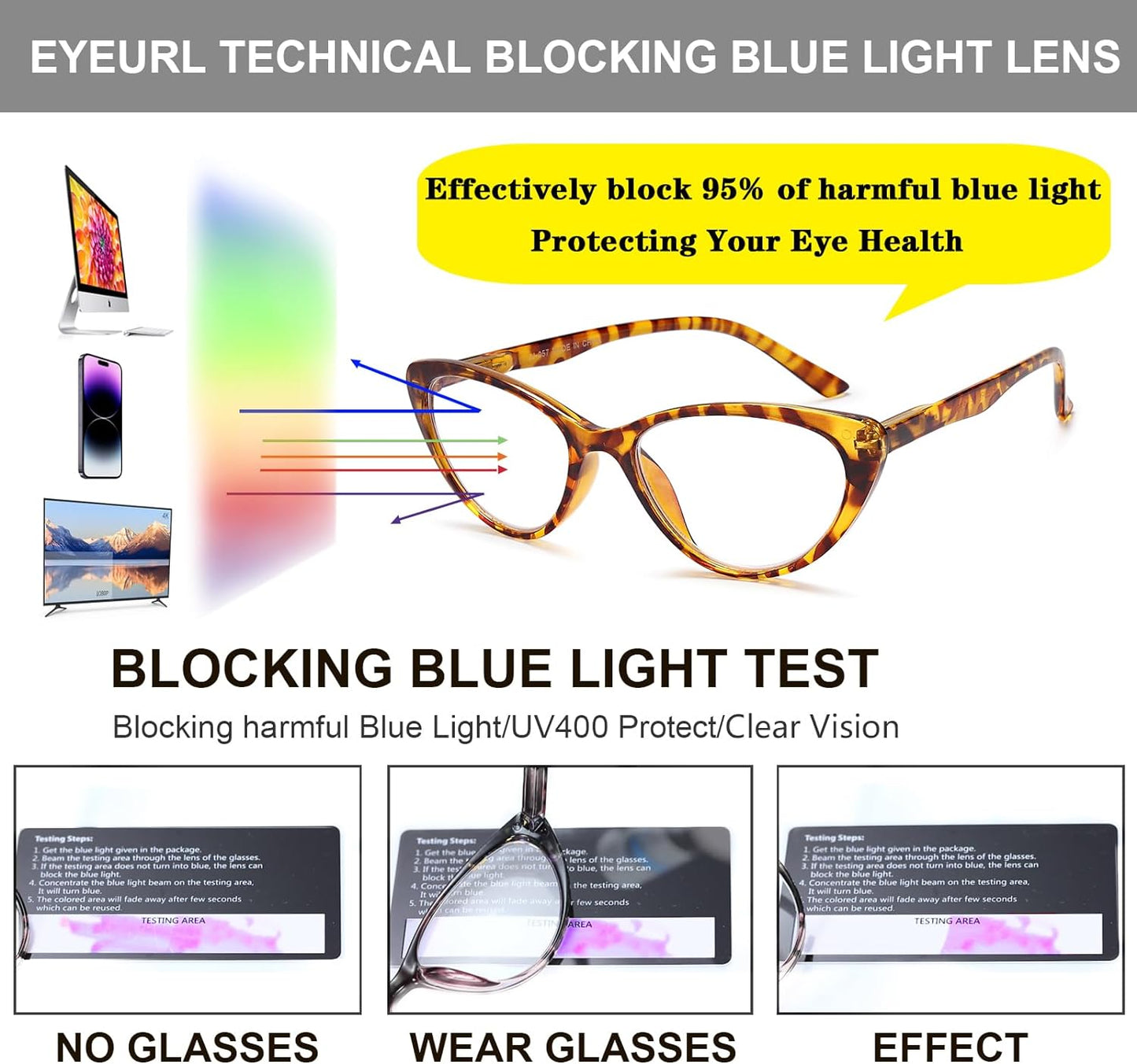 EYEURL 4-Pack Cat Eye Reading Glasses for Women - Blue Light Blocking, Anti-Glare, Fashionable Computer Readers, 2.5 Magnification