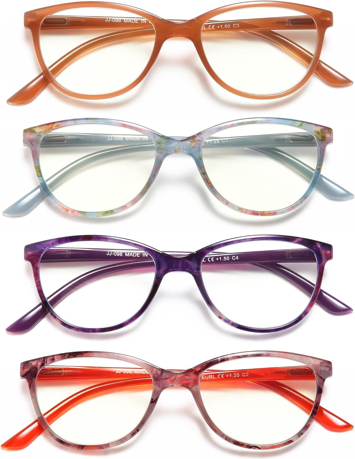 EYEURL 4-Pack Reading Glasses for Women, Fashion Cat Eye Blue Light Blocking Readers with Spring Hinges,1.50 Anti-Glare/UV Rays