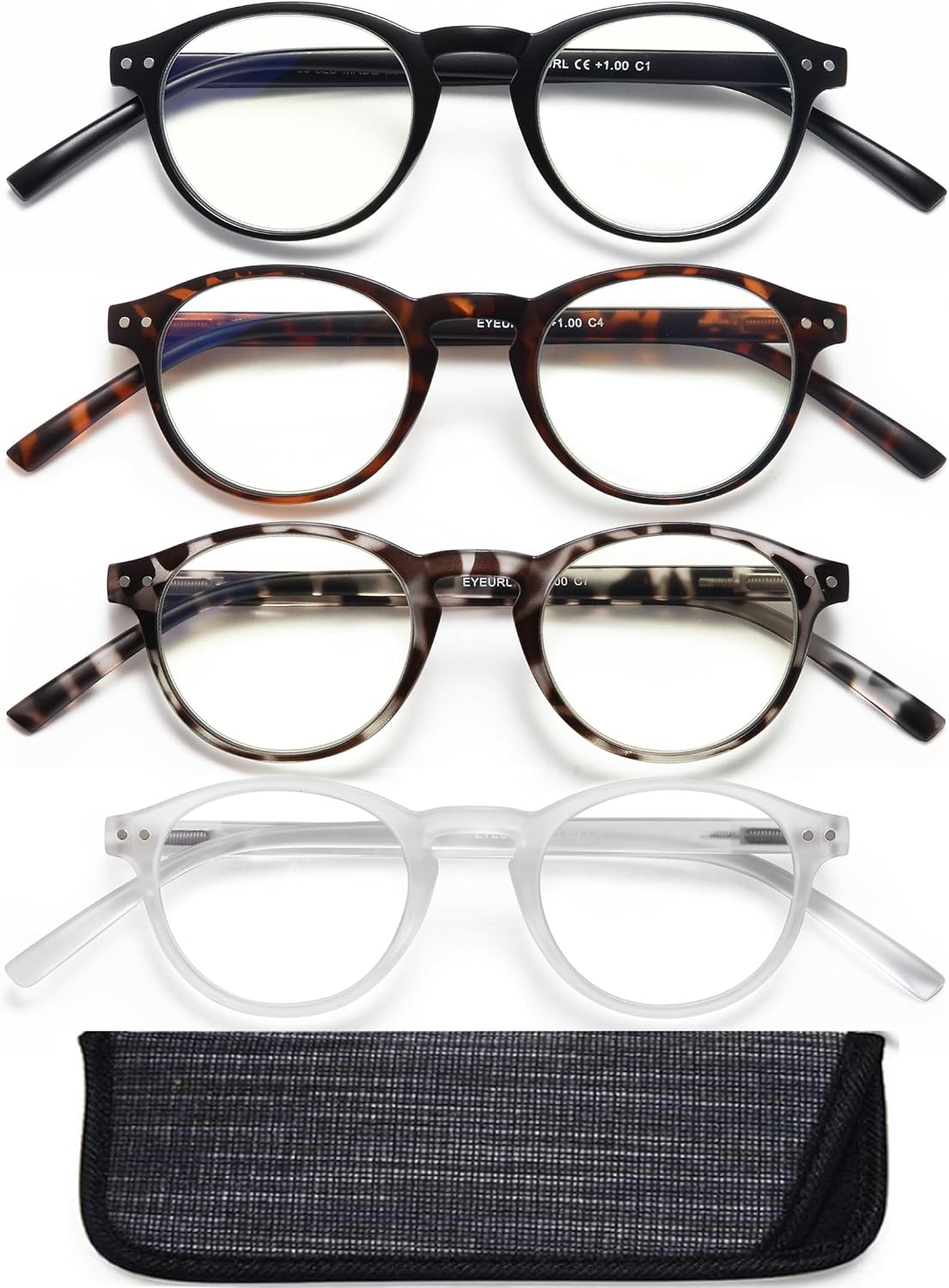 EYEURL 4-Pack Small Round Reading Glasses for Women Men Neck Hanging Blue Light Blocking Eyeglasses TR90 Readers for Women