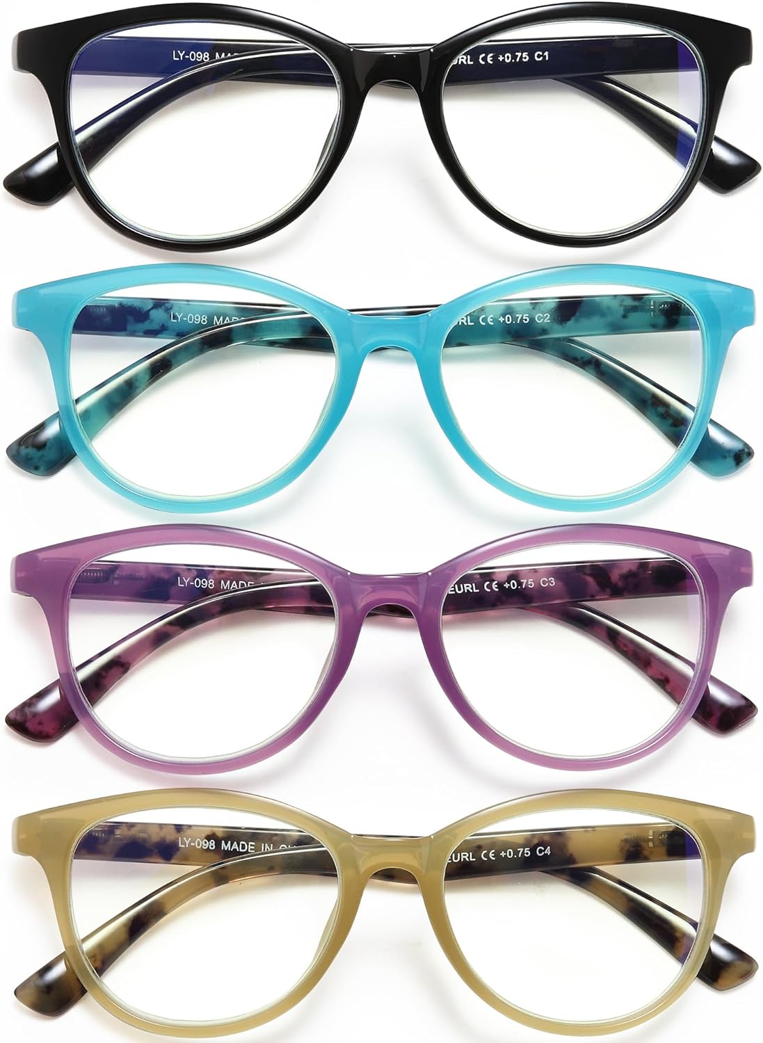 EYEURL Cat Eye Reading Glasses for Women Blue Light Blocking Readers Pack of 4, Computer Glasses with Pattern Design, 2.50 Magnification, Durable Plastic Frame with Spring Hinges, Anti UV Rays