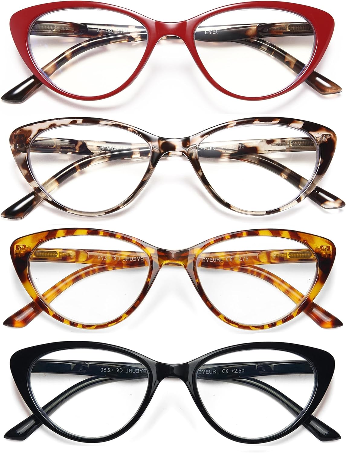 EYEURL 4-Pack Cat Eye Reading Glasses for Women - Blue Light Blocking, Anti-Glare, Fashionable Computer Readers, 2.5 Magnification