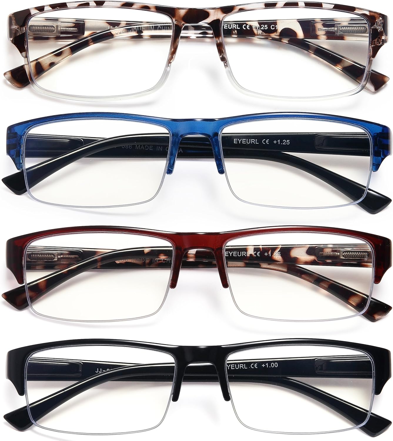 EYEURL 4-Pack Half Frame Reading Glasses for Women Blue Light Blocking Computer Readers for Men Lightweight Rectangle Semi Rimless Computer Glare/UV Half Frame Spring Hinge Eyeglasses,1.5