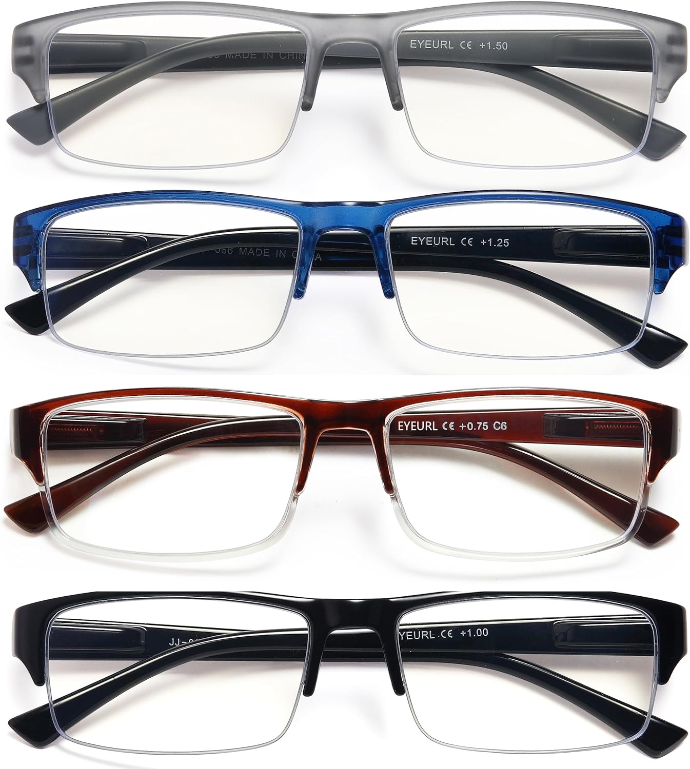 EYEURL 4-Pack Half Frame Reading Glasses for Women Blue Light Blocking Computer Readers for Men Lightweight Rectangle Semi Rimless Computer Glare/UV Half Frame Spring Hinge Eyeglasses,1.5