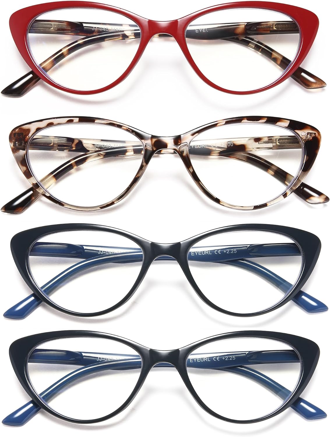 EYEURL 4-Pack Cat Eye Reading Glasses for Women - Blue Light Blocking, Anti-Glare, Fashionable Computer Readers, 2.5 Magnification