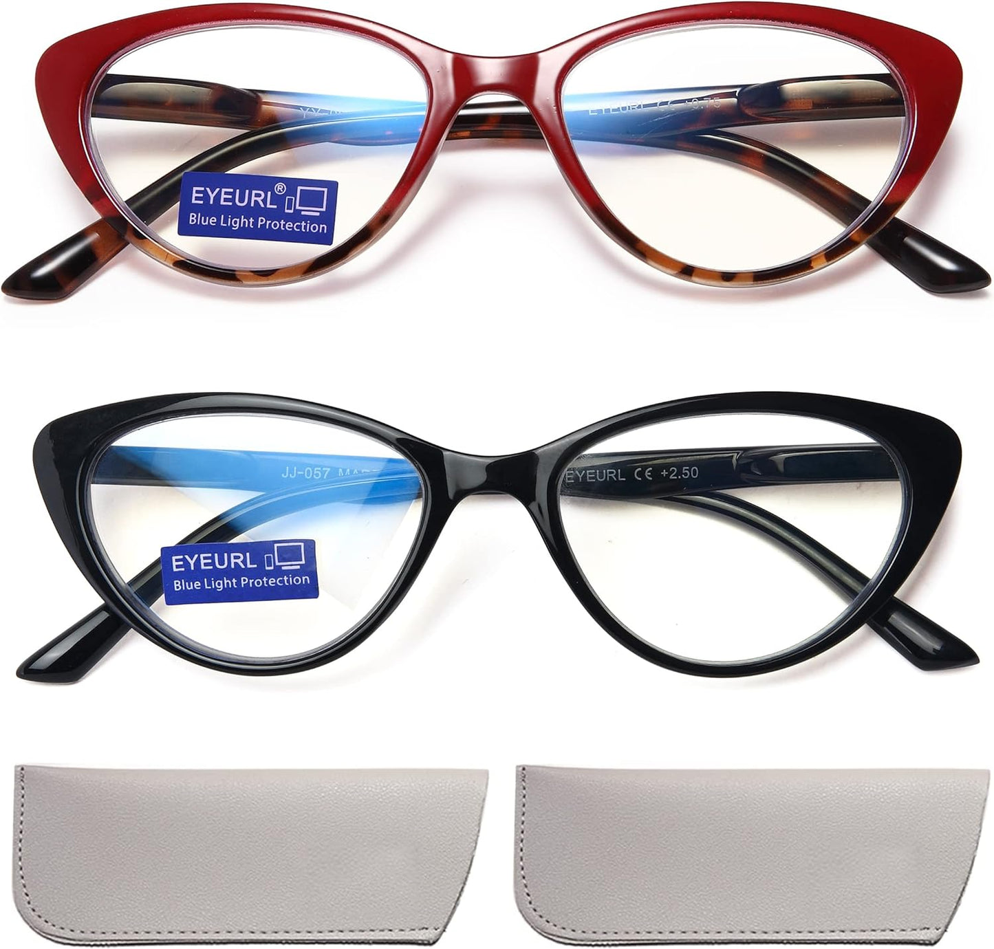 EYEURL Cat Eye Reading Glasses for Women - 2 Pack Blue Light Blocking Readers +1.75, Fashion Ladies Computer Eyeglasses with Spring Hinges