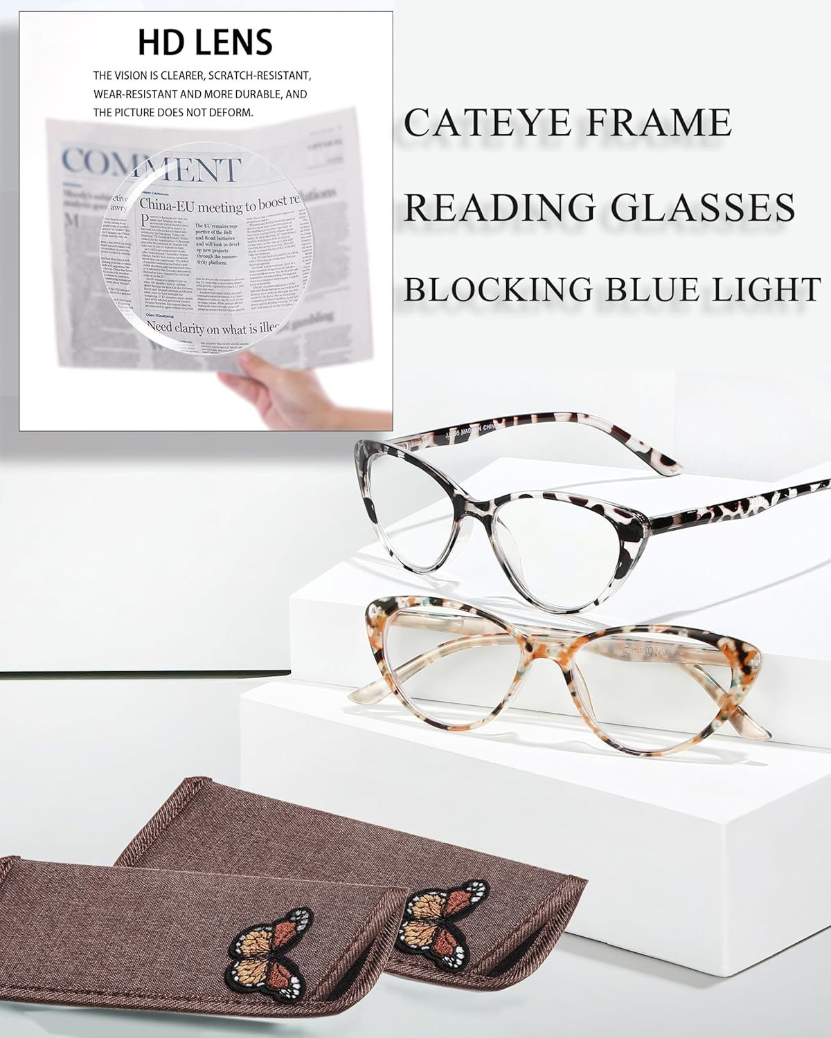 EYEURL Cat Eye Reading Glasses for Women - 2 Pack Blue Light Blocking Computer Readers Spring Hinge Anti Glare/UV Ray Eyeglasses