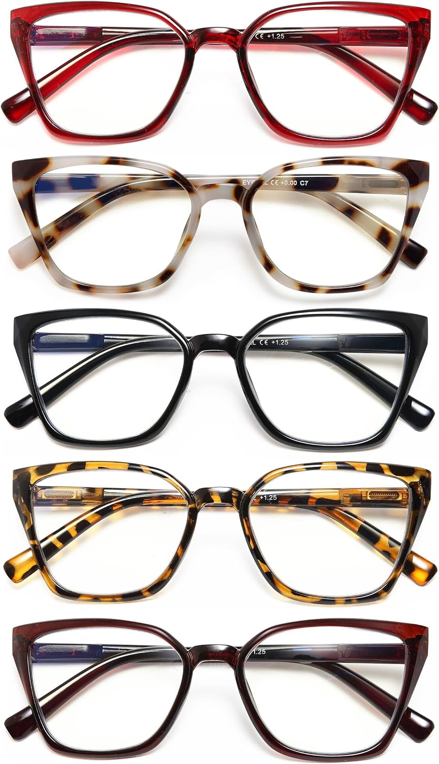 EYEURL Readers for Women - 5 Pack Blue Light Blocking Reading Glasses Ladies +0.00 Fashion Square Frames Magnification with Spring Hinge
