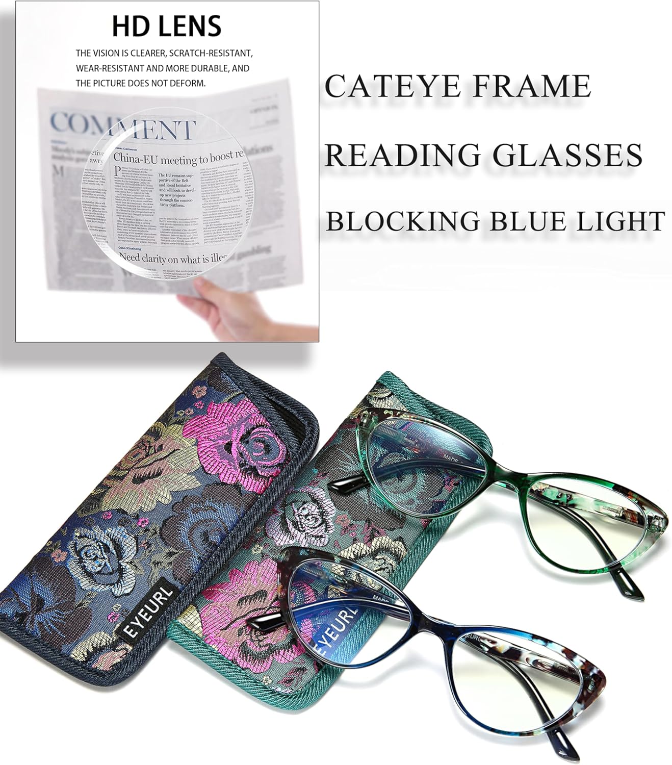 2 Pack Blue Light Blocking Cat Eye Readers for Women – Anti Glare UV Filter Computer Reading Glasses, Spring Hinge Comfort Fit