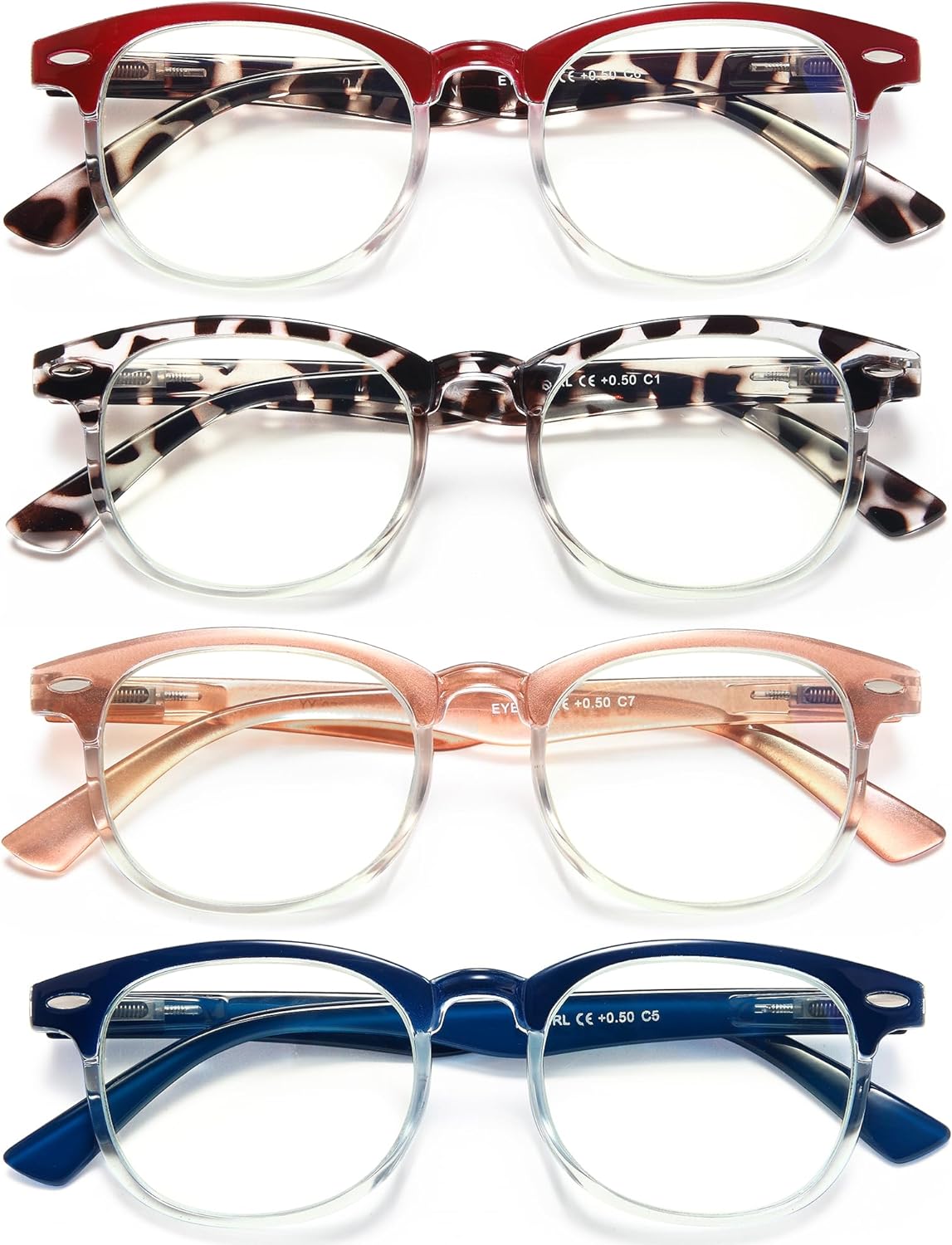 EYEURL 4 Pack Round Reading Glasses for Women and Men Blue Light Blocking Readers, Plastic Computer Glasses with Spring Hinges, 2.50 Eyeglasses Anti Glare&UV Rays, Black/Tortoise/Blue/Red Tortoise