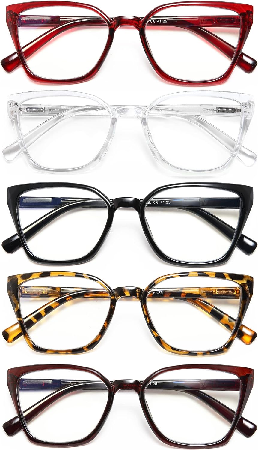 EYEURL Readers for Women - 5 Pack Blue Light Blocking Reading Glasses Ladies +0.00 Fashion Square Frames Magnification with Spring Hinge