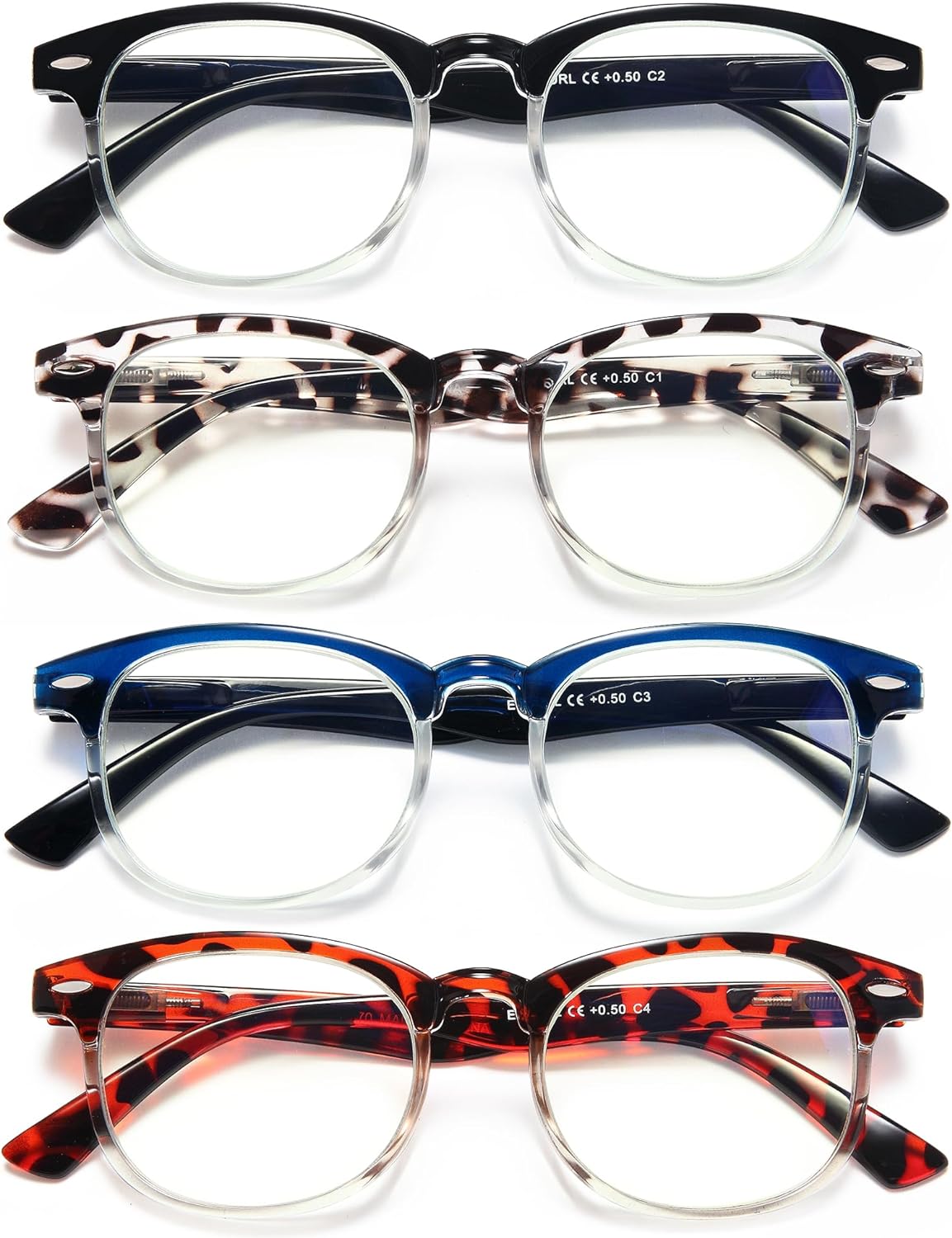 EYEURL 4 Pack Round Reading Glasses for Women and Men Blue Light Blocking Readers, Plastic Computer Glasses with Spring Hinges, 2.50 Eyeglasses Anti Glare&UV Rays, Black/Tortoise/Blue/Red Tortoise