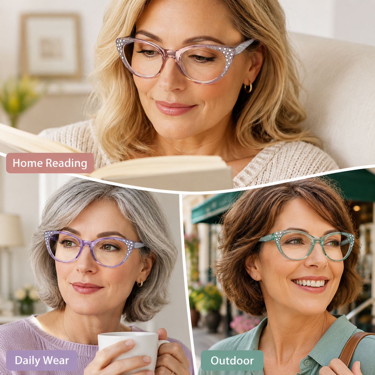 EYEURL Cat Eye Reading Glasses for Women – 3 Pack Blue Light Blocking Computer Readers with Spring Hinges, Lightweight Anti-Glare Eyeglasses