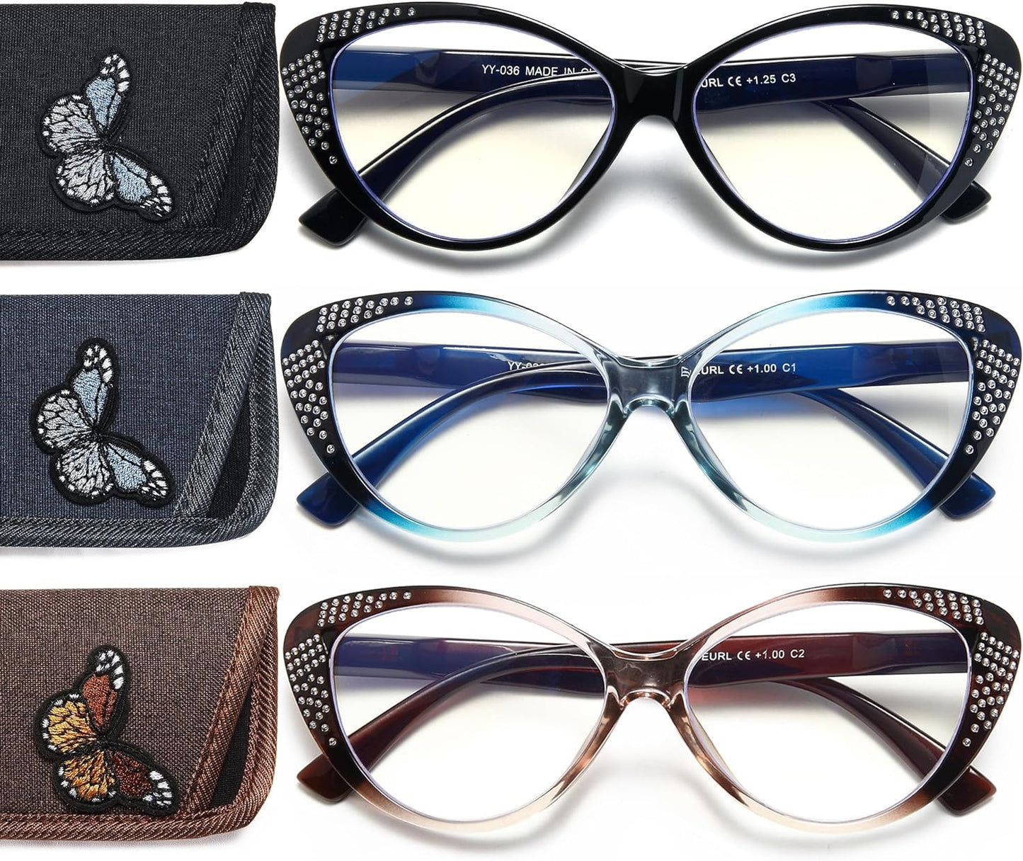 EYEURL Cat Eye Blue Light Blocking Reading Glasses for Women - Fashion Readers with Flexible Spring Hinges