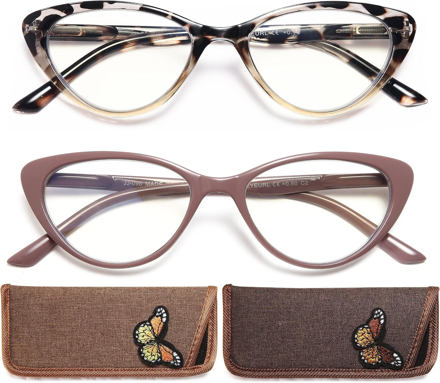 EYEURL Cat Eye Reading Glasses for Women - 2 Pack Blue Light Blocking Readers +1.75, Fashion Ladies Computer Eyeglasses with Spring Hinges