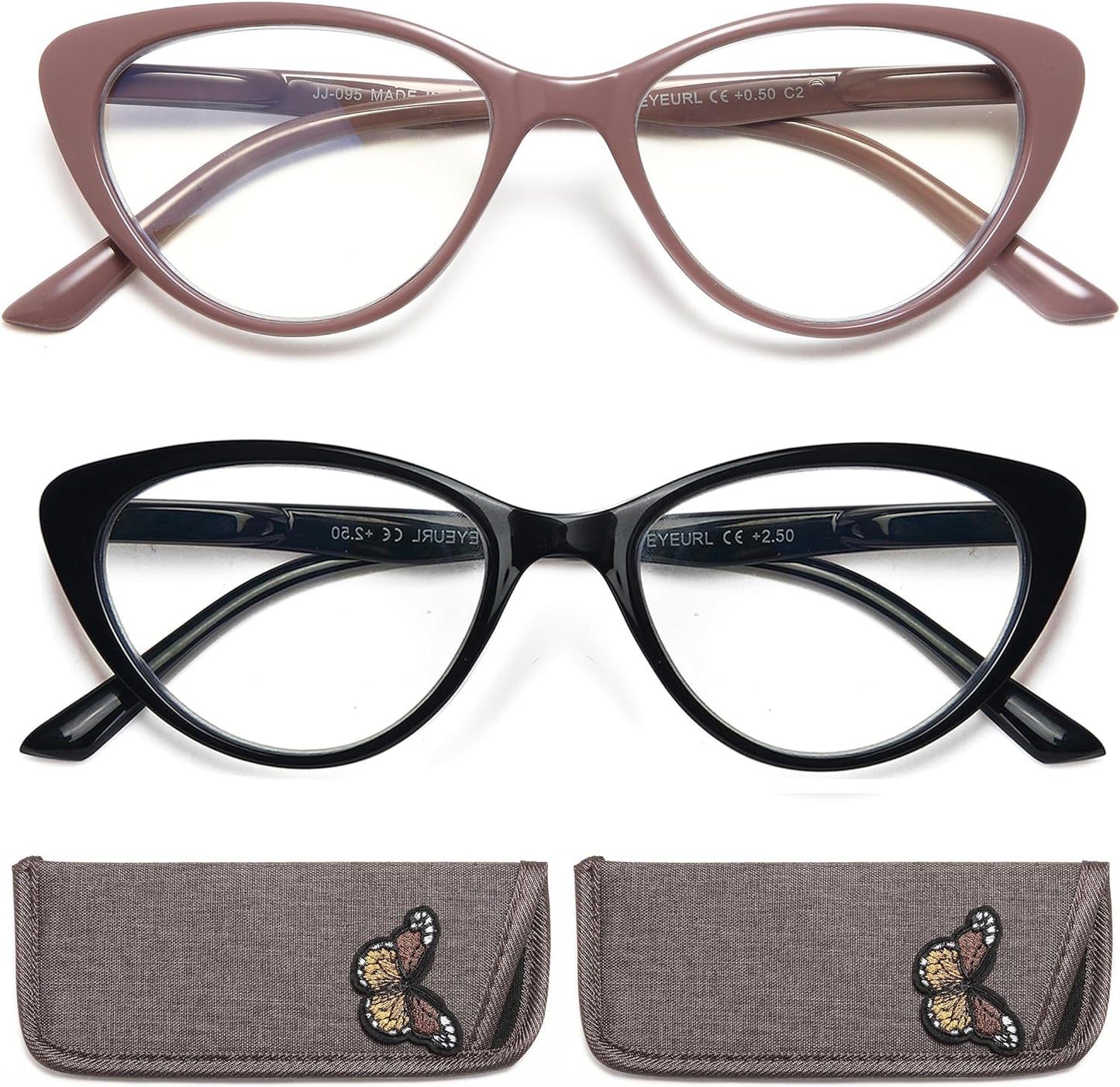 EYEURL Cat Eye Reading Glasses for Women - 2 Pack Blue Light Blocking Readers +1.75, Fashion Ladies Computer Eyeglasses with Spring Hinges