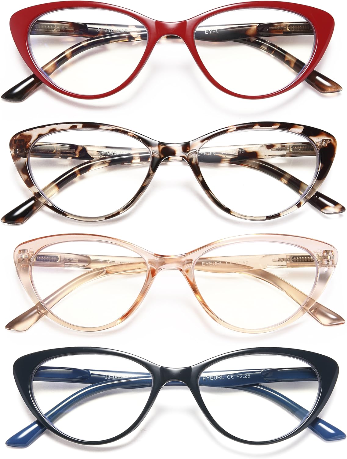 EYEURL 4-Pack Cat Eye Reading Glasses for Women - Blue Light Blocking, Anti-Glare, Fashionable Computer Readers, 2.5 Magnification