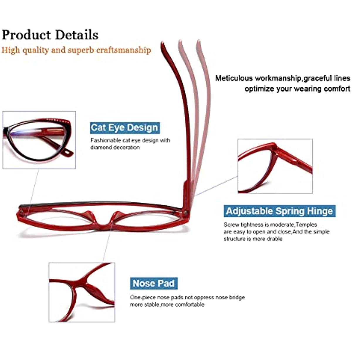 YTDBNS Blue Light Blocking Reading Glasses for Women - 3 Pack, Lightweight Cat Eye Readers with Spring Hinges, Fashion Designer Glasses, 1.5 Magnification