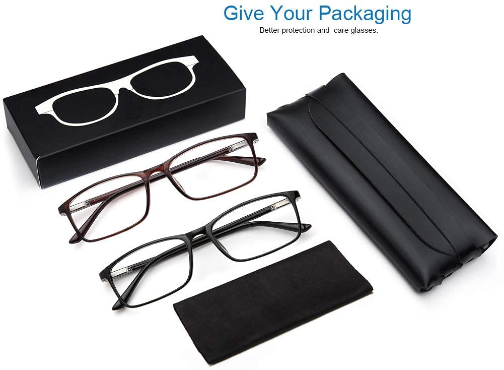 Reading Glasses Blue Light Blocking - 2 Pack Rectangle Frame Computer Readers Women Men Spring Hinge Arms Lightweight Comfortble