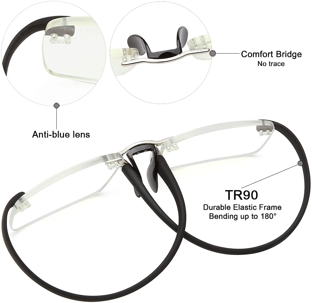 Rimless Reading Glasses Men&Women - Anti UV Glare Lens Small Fun Stylish Black Frameless Folding Computer Reading Glasses