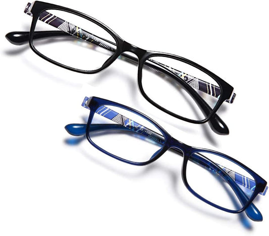 Women’s Blue Light Blocking Readers - 2 Pairs of TR90 Rectangular Computer Glasses, Anti-Blue Screen Nerd Eyewear