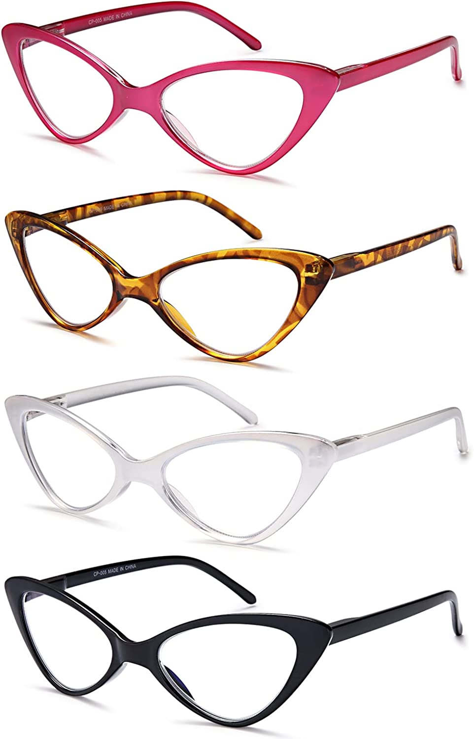 EYEURL 4-Pack Reading Glasses for Women, Fashion Cat Eye Blue Light Blocking Readers with Spring Hinges, Anti-Glare/UV Rays