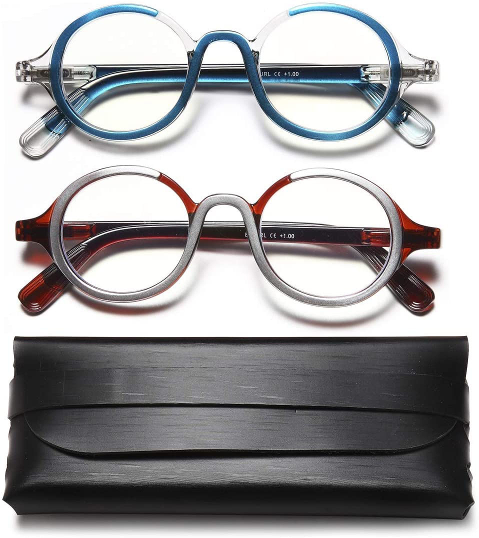Blue Light Blocking Reading Glasses - 2 Pack Retro Round Computer Glasses with Spring Hinges, Ultra Lightweight, Double Color Frames for Eye Fatigue Relief