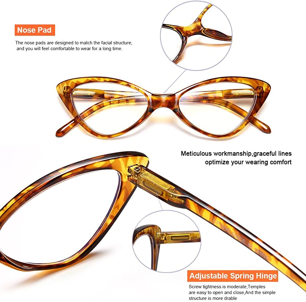 EYEURL 4-Pack Reading Glasses for Women, Fashion Cat Eye Blue Light Blocking Readers with Spring Hinges, Anti-Glare/UV Rays