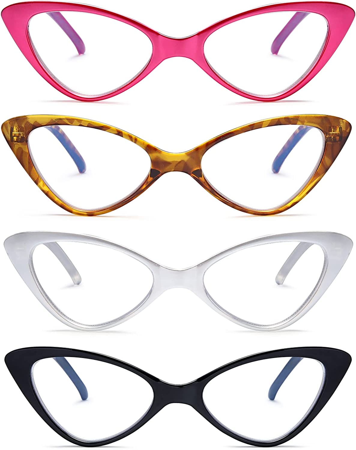 EYEURL 4-Pack Reading Glasses for Women, Fashion Cat Eye Blue Light Blocking Readers with Spring Hinges, Anti-Glare/UV Rays