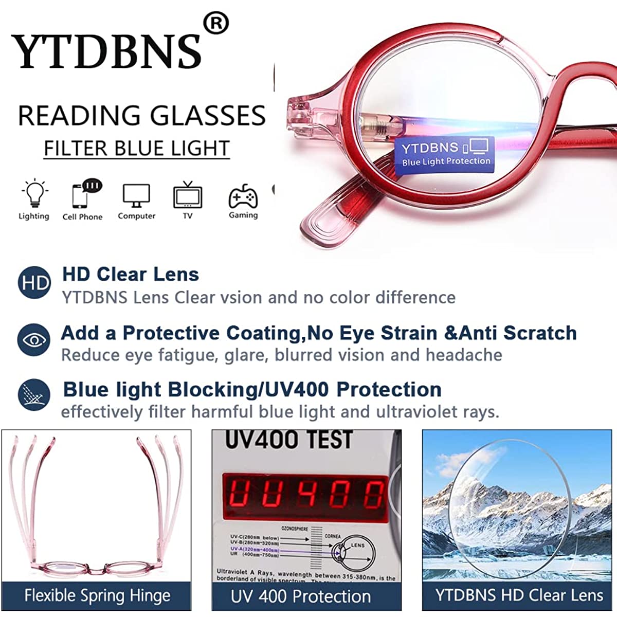 Blue Light Blocking Reading Glasses for Women and Men, 2-Pack Round Readers with Spring Hinges, 1.25x Magnification